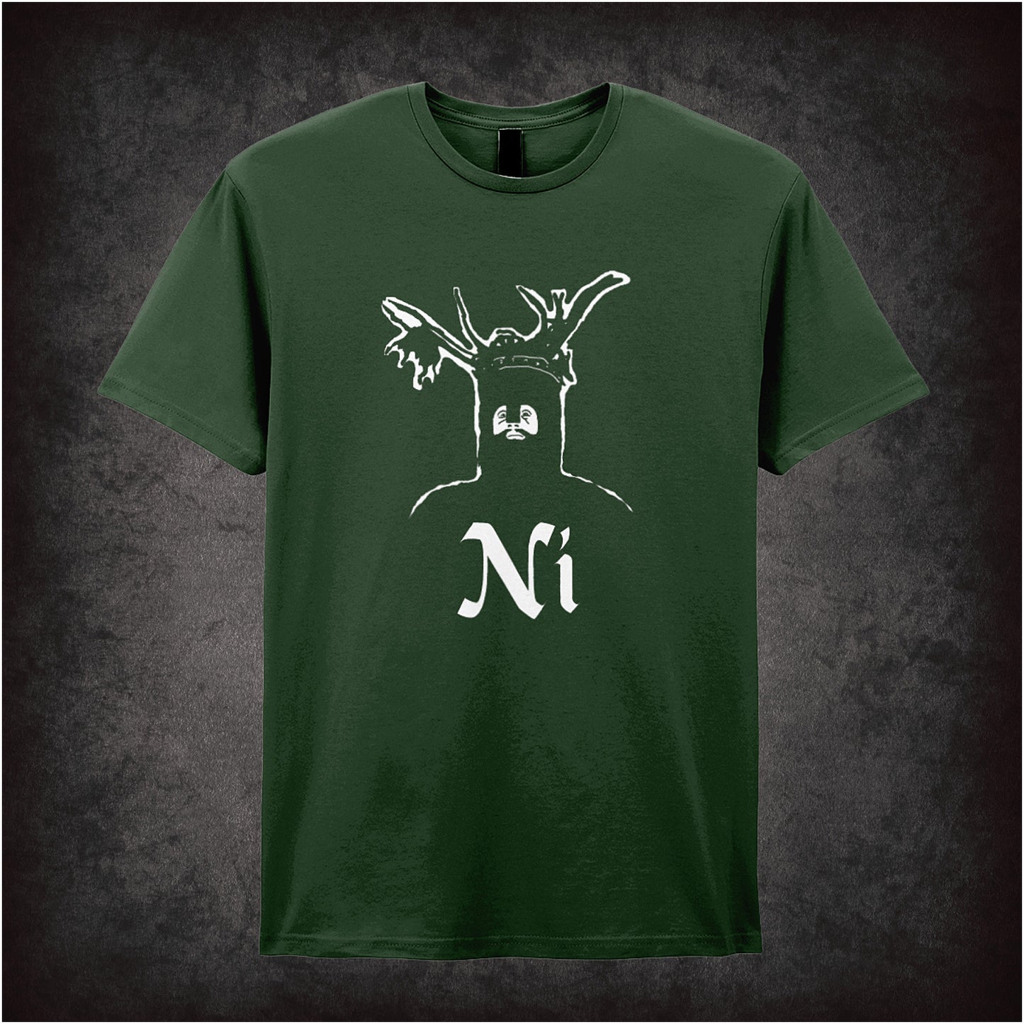 Monty Python and the Holy Grail inspired forest green unisex t-shirt with quote 'The Knights Who Say Ni!' soft style graphic tee