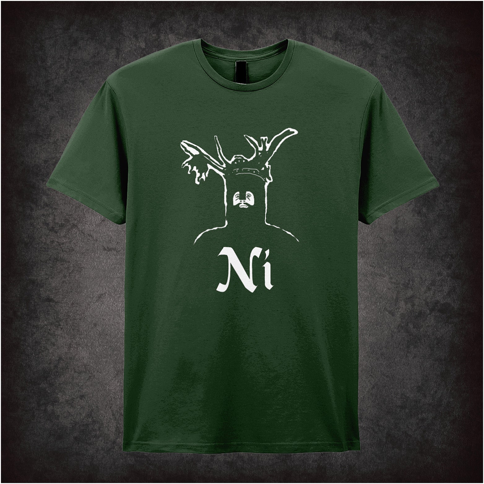 Monty Python and the Holy Grail inspired forest green unisex t-shirt with quote 'The Knights Who Say Ni!' soft style graphic tee