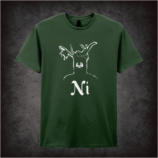 Monty Python and the Holy Grail inspired forest green unisex t-shirt with quote 'The Knights Who Say Ni!' soft style graphic tee