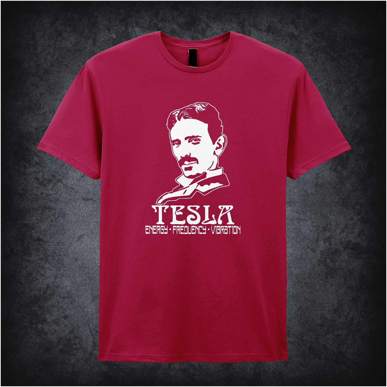 cardinal red soft style unisex T-shirt featuring the words "Energy - Vibration - Frequency" inspired by Nikola Tesla, in bold, minimalist typography.