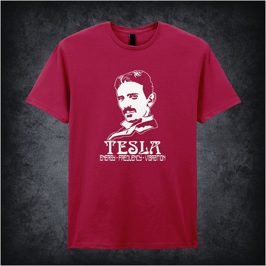 cardinal red soft style unisex T-shirt featuring the words "Energy - Vibration - Frequency" inspired by Nikola Tesla, in bold, minimalist typography.