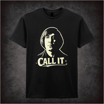 ‘Call it’ coin toss quote T-shirt in black from No Country for Old Men