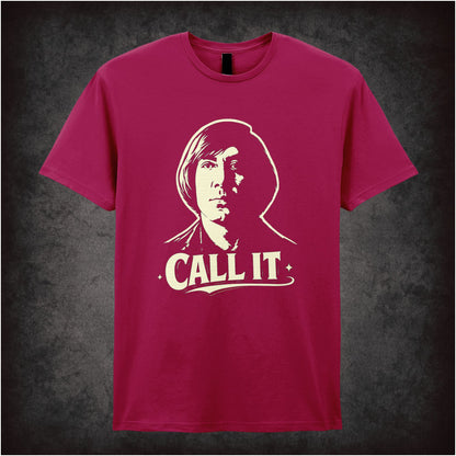 ‘Call it’ coin toss quote T-shirt in cardinal red from No Country for Old Men