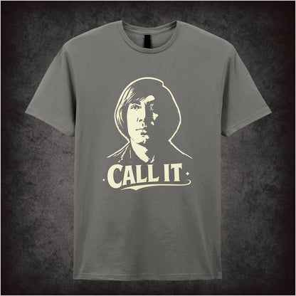 ‘Call it’ coin toss quote T-shirt in charcoal from No Country for Old Men