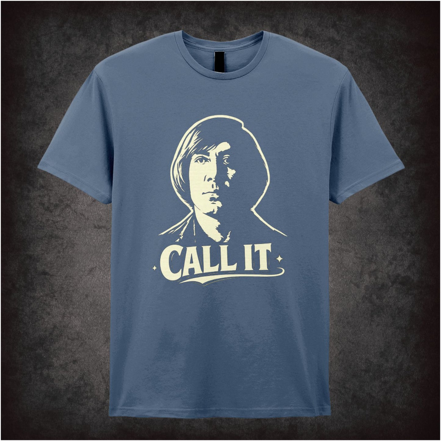 ‘Call it’ coin toss quote T-shirt in indigo from No Country for Old Men