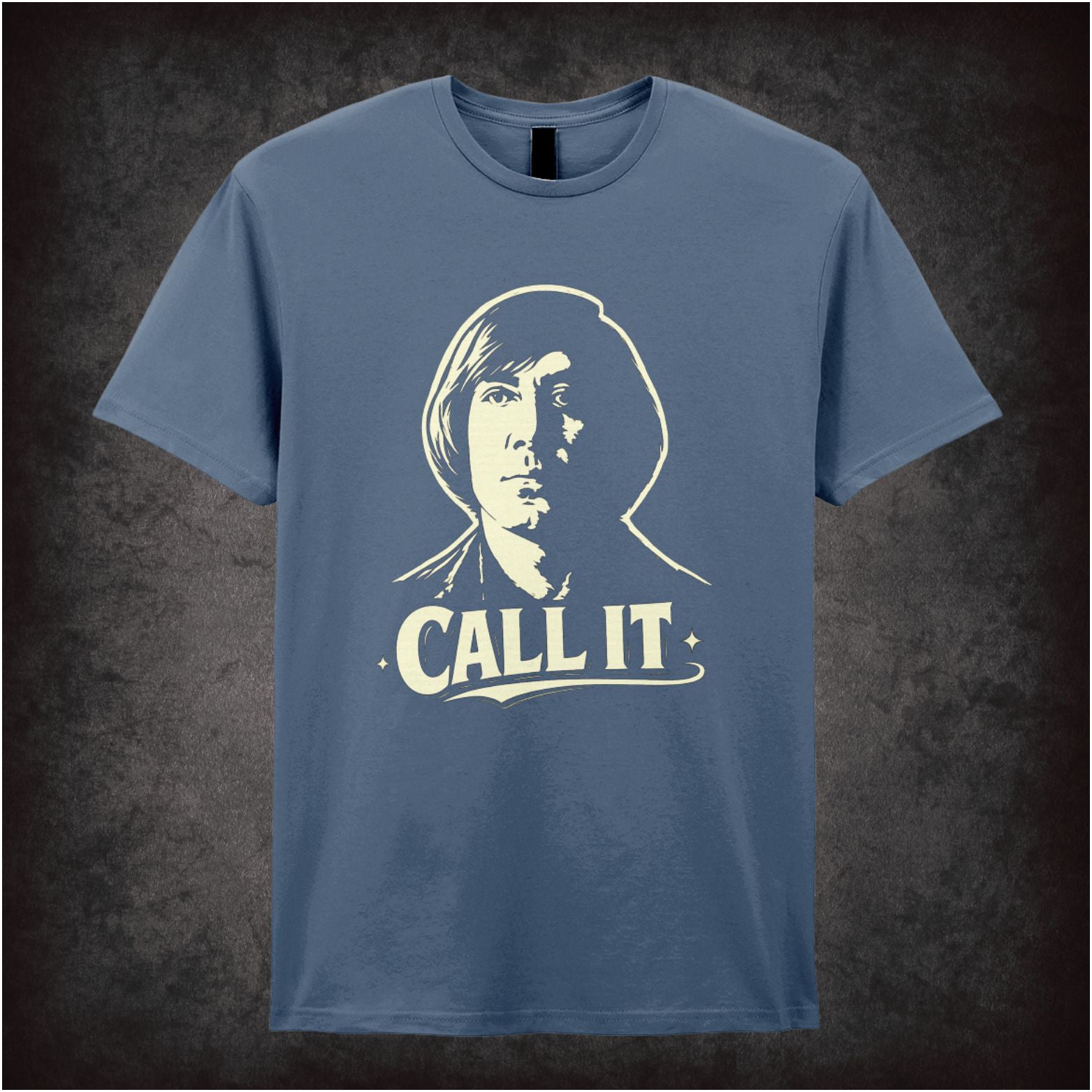 ‘Call it’ coin toss quote T-shirt in indigo from No Country for Old Men