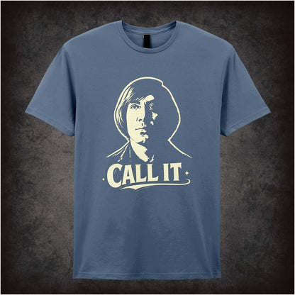 ‘Call it’ coin toss quote T-shirt in indigo from No Country for Old Men