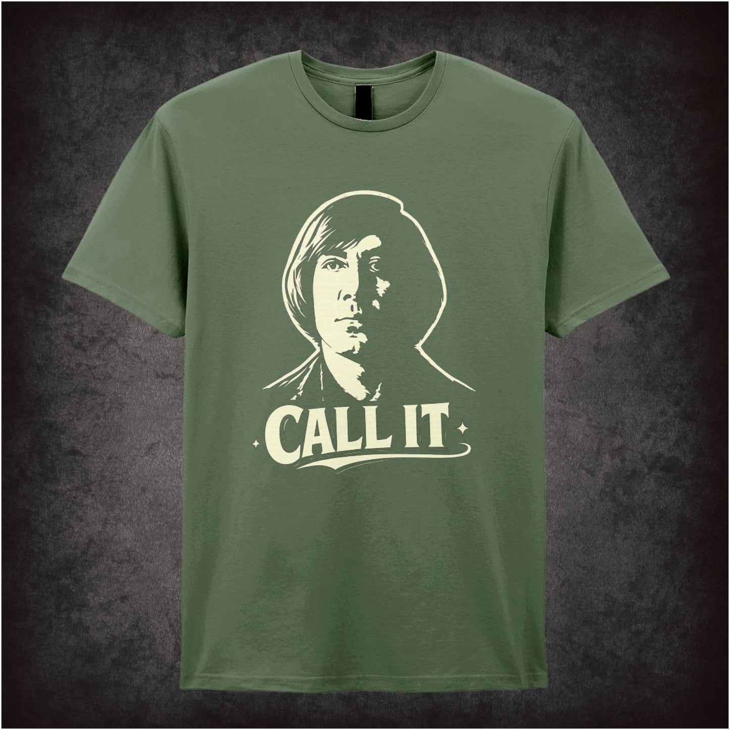 ‘Call it’ coin toss quote T-shirt in military green from No Country for Old Men