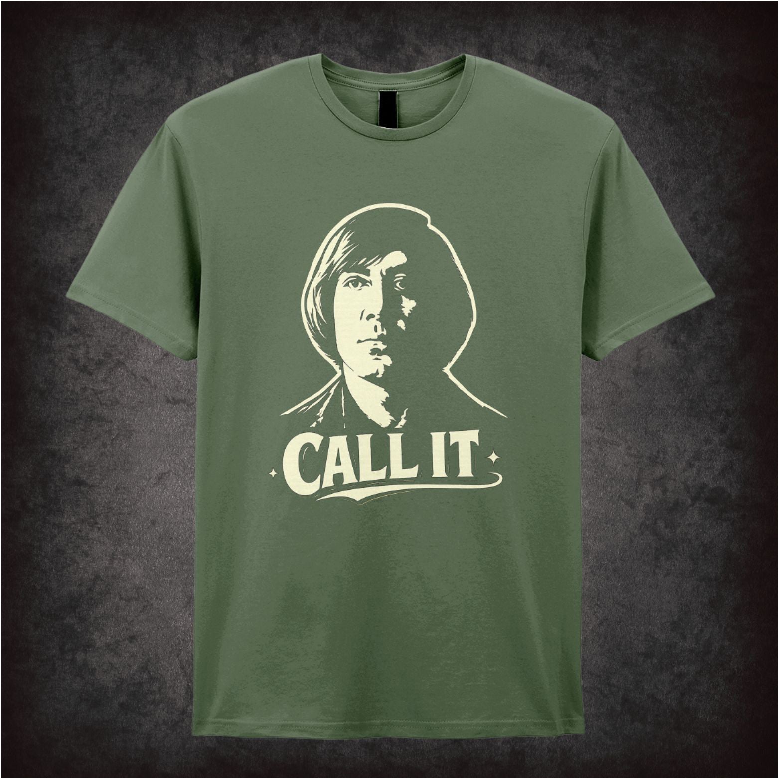 ‘Call it’ coin toss quote T-shirt in military green from No Country for Old Men