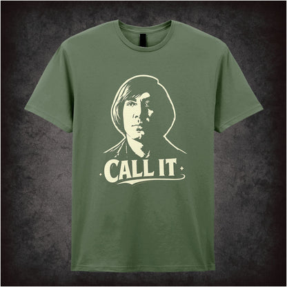 ‘Call it’ coin toss quote T-shirt in military green from No Country for Old Men