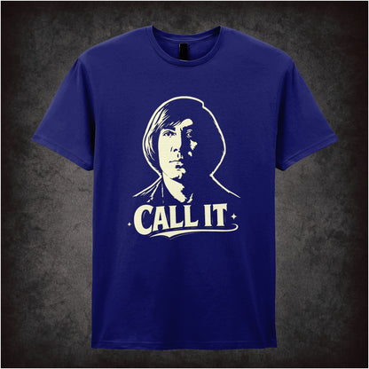 ‘Call it’ coin toss quote T-shirt in navy from No Country for Old Men