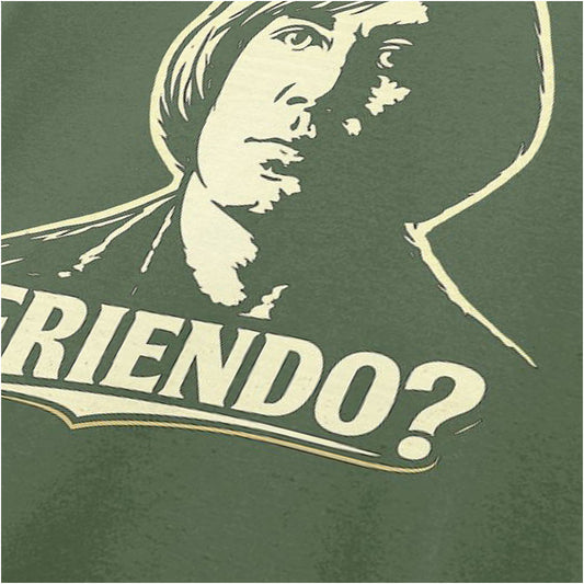 ‘Friendo? quote close up T-shirt in military green from No Country For Old Men
