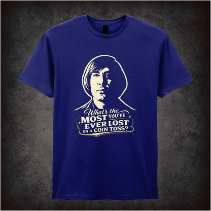 'What's the most you've ever lost on a coin toss?' quote T-shirt in navy from No Country For Old Men