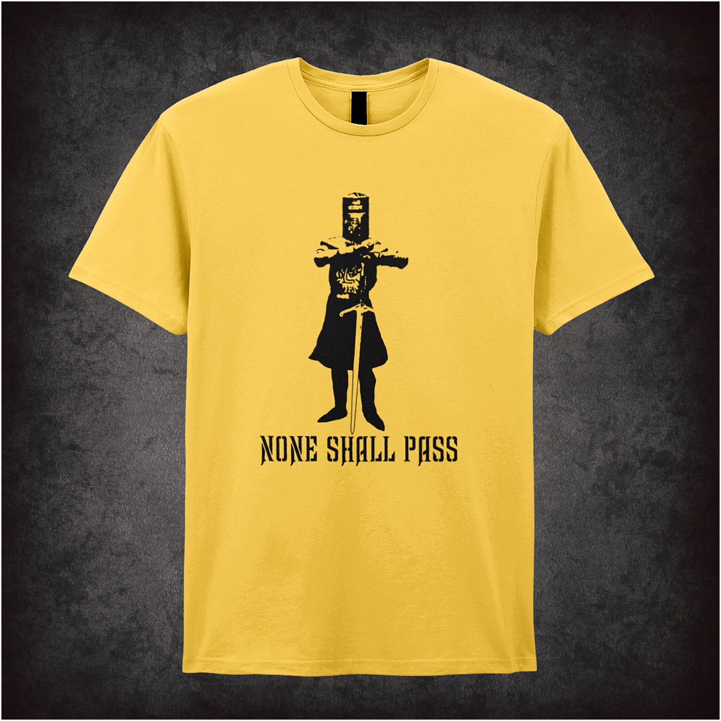 None Shall Pass Monty Python and the Holy Grail inspired soft style daisy unisex T-shirt featuring iconic Black Knight quote design, perfect for classic comedy fans.