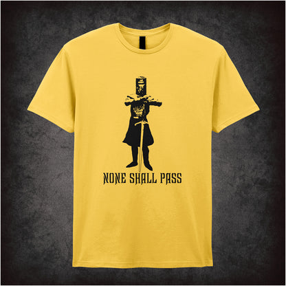 None Shall Pass Monty Python and the Holy Grail inspired soft style daisy unisex T-shirt featuring iconic Black Knight quote design, perfect for classic comedy fans.