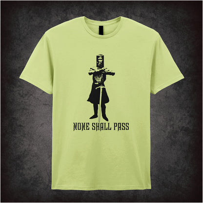 None Shall Pass Monty Python and the Holy Grail inspired soft style pistachio unisex T-shirt featuring iconic Black Knight quote design, perfect for classic comedy fans.
