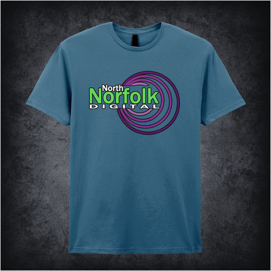 Indigo unisex t-shirt featuring the North Norfolk Digital logo from I’m Alan Partridge, displayed in bold, clean lettering.