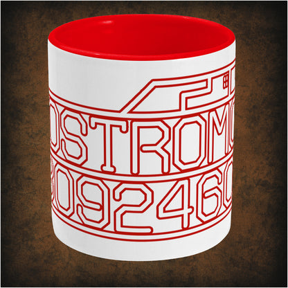 Two-tone ceramic mug featuring Nostromo start-up screen design inspired by Alien, wrap-around print, center dishwasher and microwave safe sci-fi mug.