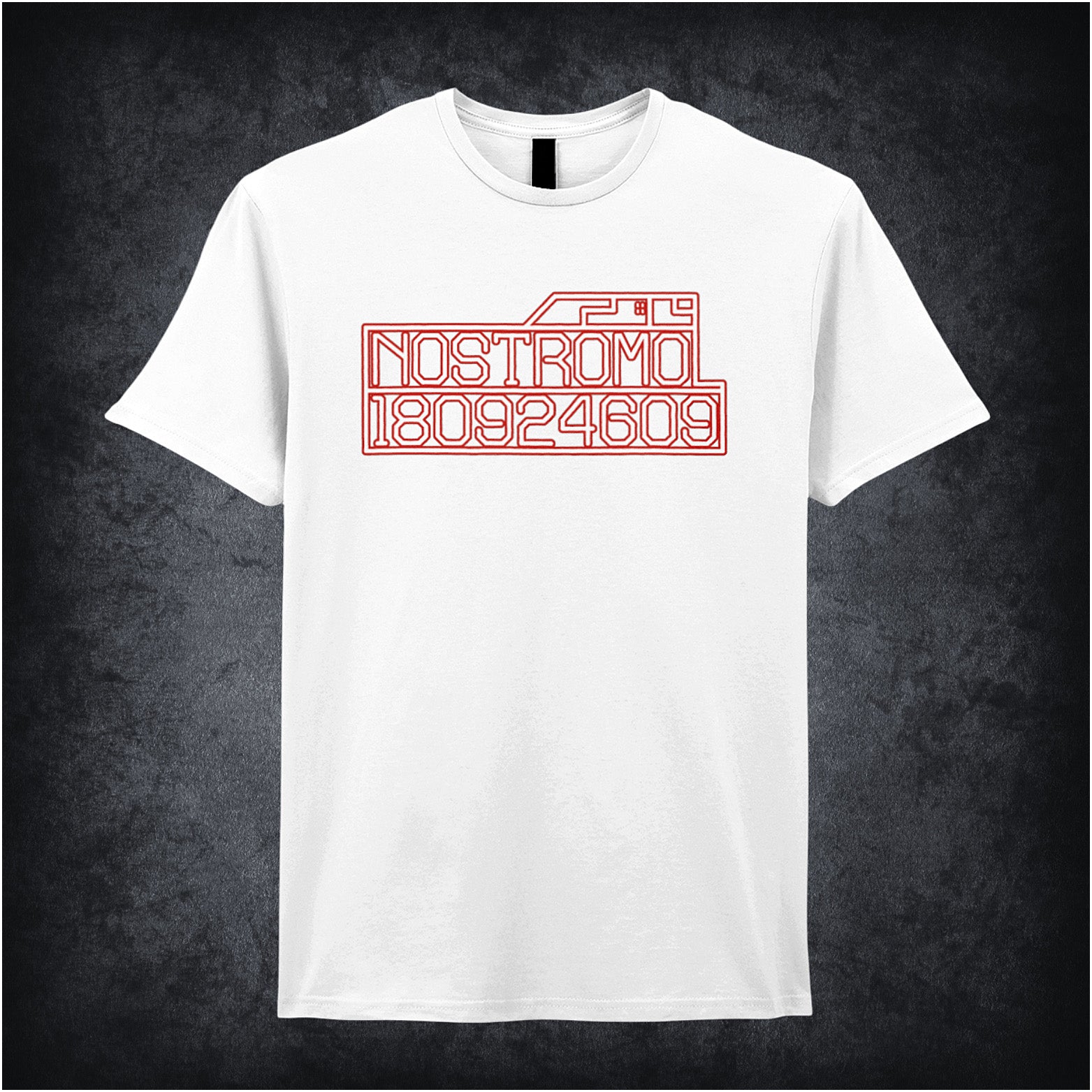 white coloured unisex t-shirt featuring the Nostromo start-up screen design from Alien, with a retro sci-fi digital interface graphic.