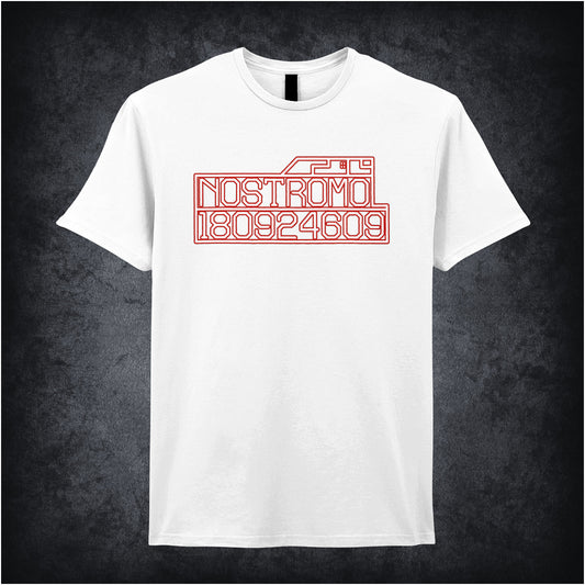 white coloured unisex t-shirt featuring the Nostromo start-up screen design from Alien, with a retro sci-fi digital interface graphic.