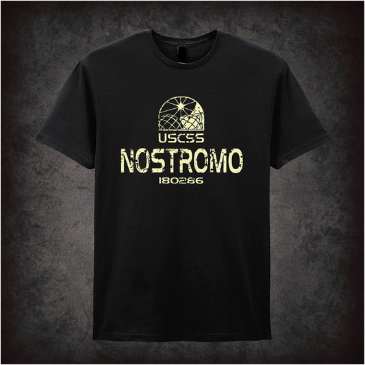 black soft style unisex T-shirt featuring "USCSS Nostromo 180286" from Alien, designed with a vintage-style sci-fi ship insignia.