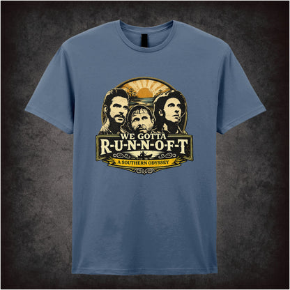 ‘We gotta R-U-N-N-O-F-T’ quote T-shirt in indigo from O Brother, Where Art Thou?