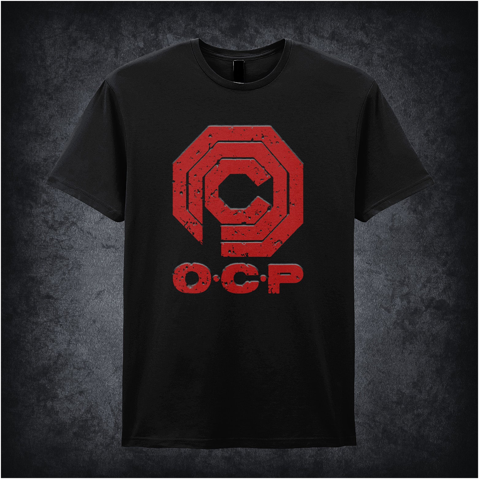 Black unisex t-shirt featuring the O.C.P. Omni Consumer Products logo from the movie RoboCop, with bold, futuristic typography and a clean, corporate design.
