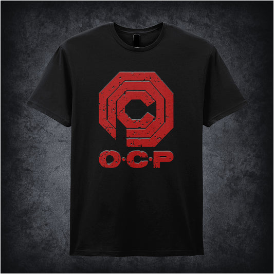 Black unisex t-shirt featuring the O.C.P. Omni Consumer Products logo from the movie RoboCop, with bold, futuristic typography and a clean, corporate design.