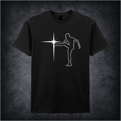 Black unisex T-shirt featuring “Starkicker” design inspired by The Old Grey Whistle Test, with bold, vintage rock-style lettering.