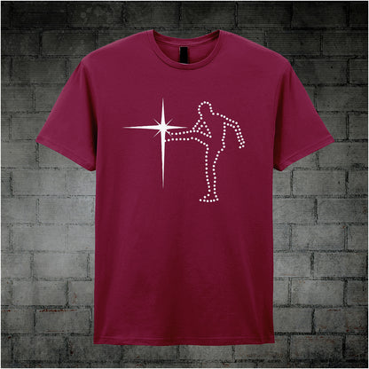 cardinal red unisex T-shirt featuring “Starkicker” design inspired by The Old Grey Whistle Test, with bold, vintage rock-style lettering.