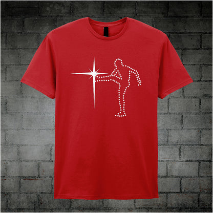red unisex T-shirt featuring “Starkicker” design inspired by The Old Grey Whistle Test, with bold, vintage rock-style lettering.