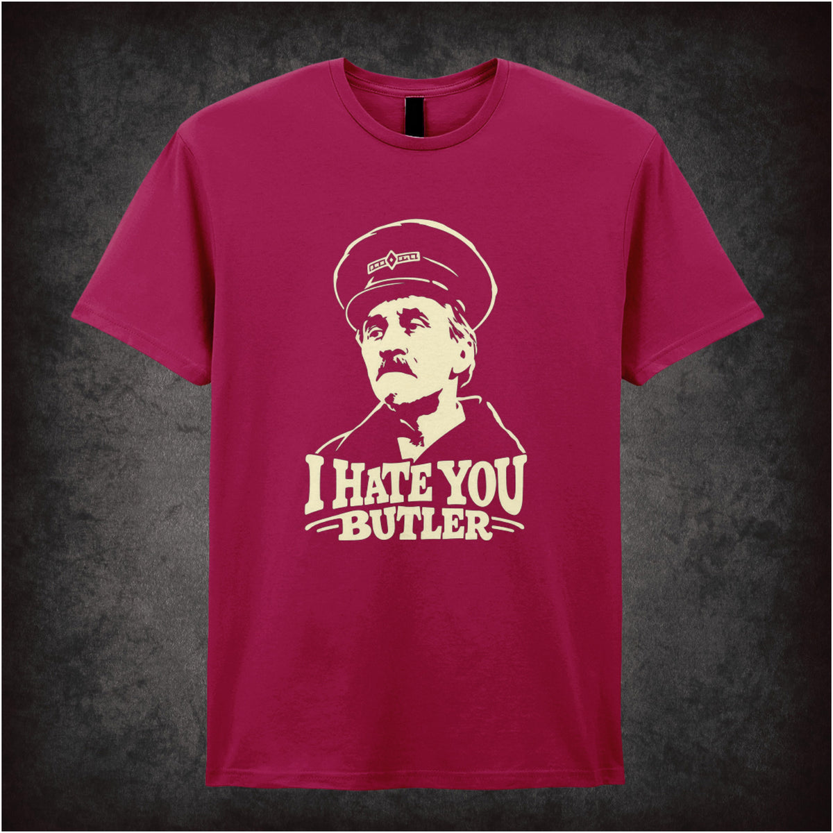 “Inspector Blake ‘I hate you Butler’ T-shirt in cardinal red from On the Buses”