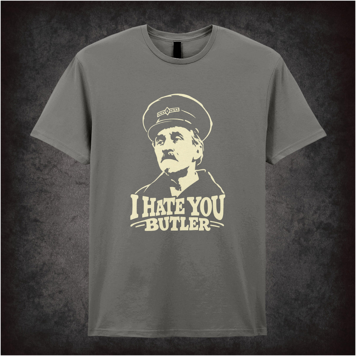 “Inspector Blake ‘I hate you Butler’ T-shirt in charcoal from On the Buses”