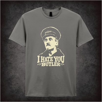 “Inspector Blake ‘I hate you Butler’ T-shirt in charcoal from On the Buses”