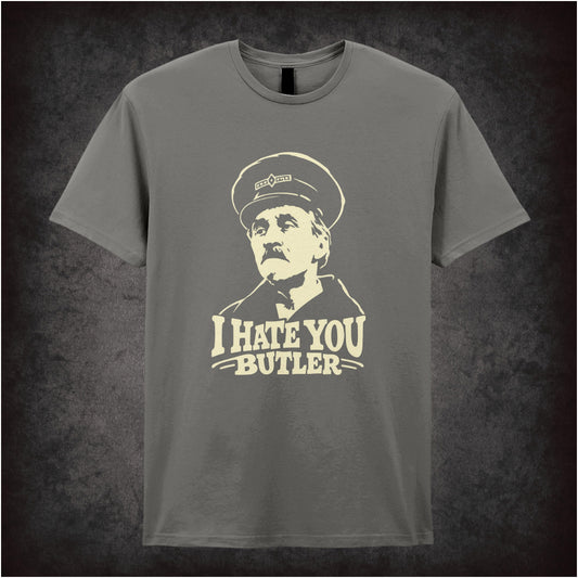 “Inspector Blake ‘I hate you Butler’ T-shirt in charcoal from On the Buses”