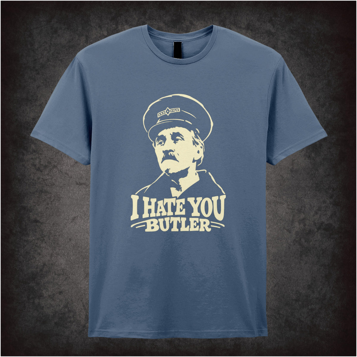 “Inspector Blake ‘I hate you Butler’ T-shirt in indigo from On the Buses”