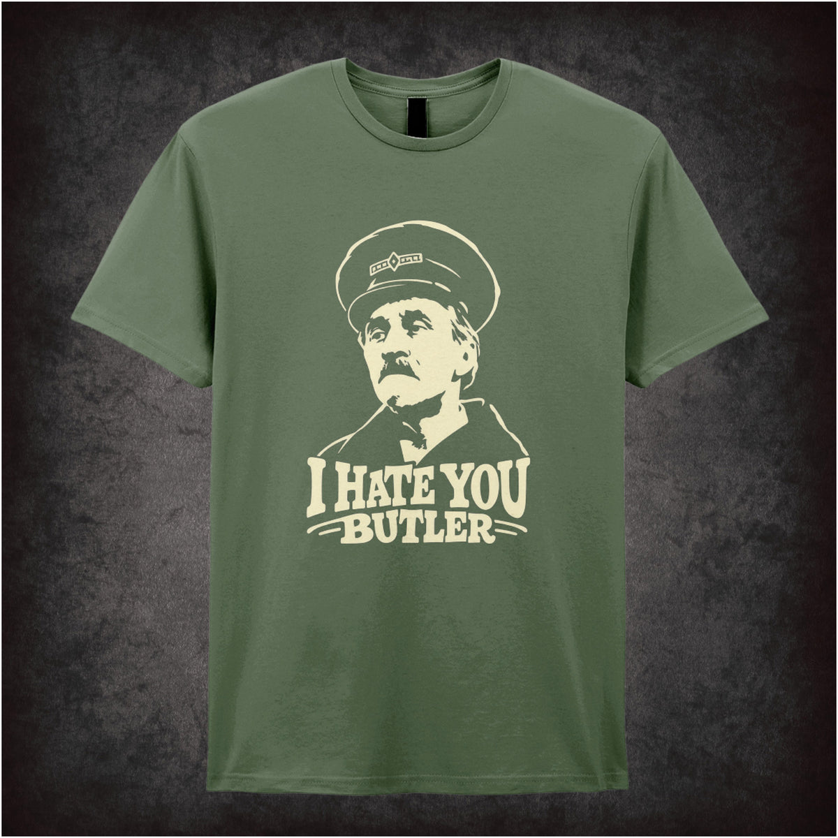 “Inspector Blake ‘I hate you Butler’ T-shirt in military green from On the Buses”