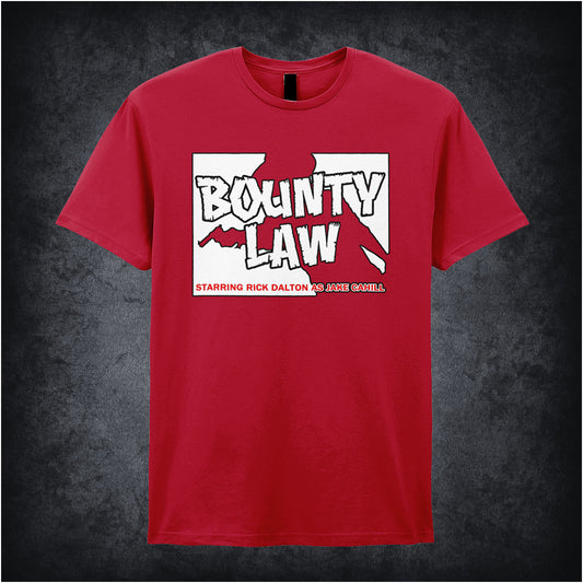 cardinal red coloured unisex t-shirt featuring the fictional TV show “Bounty Law” starring Rick Dalton as Jake Cahill, from the movie Once Upon a Time in Hollywood, with vintage-style typography and design.