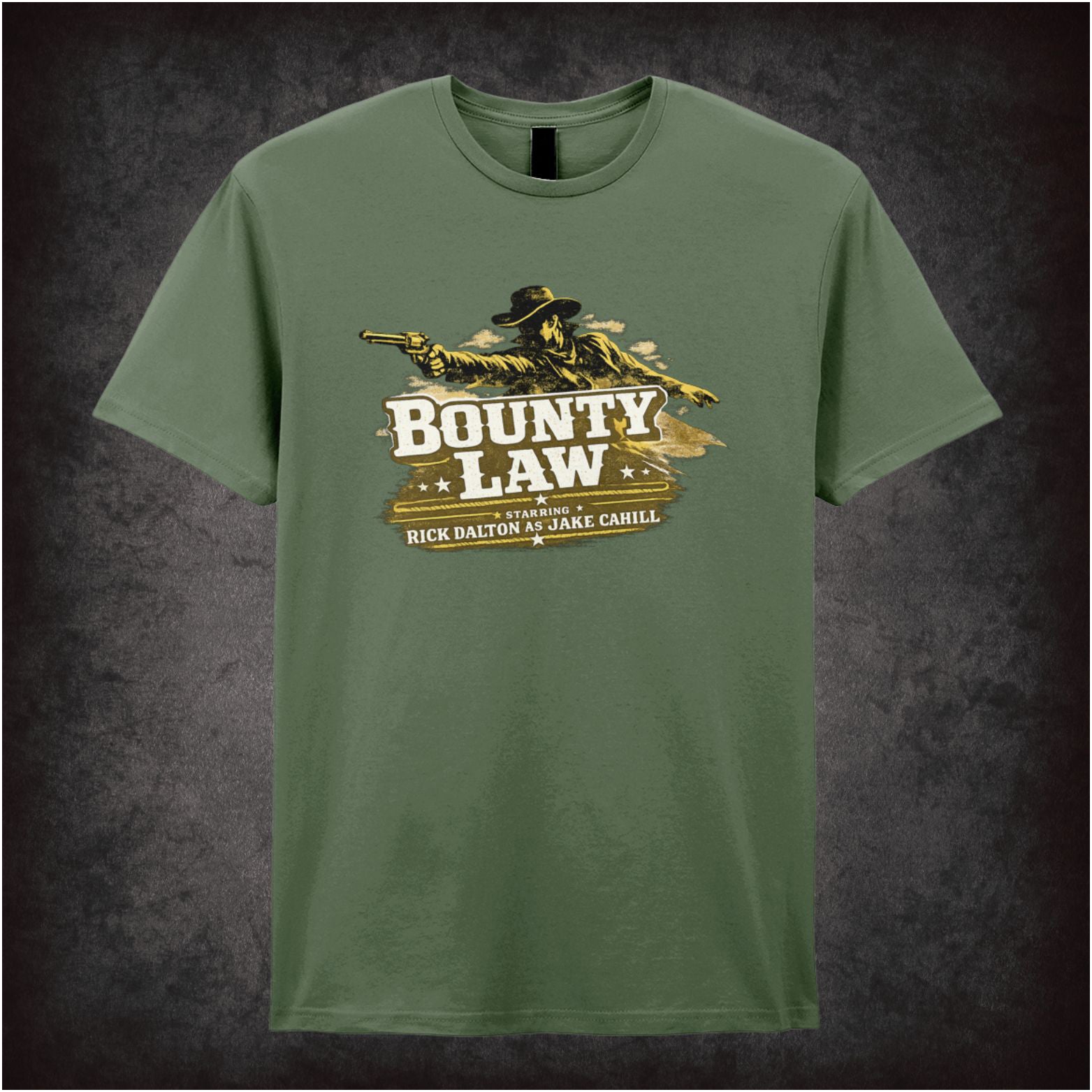 Bounty Law TV show logo T-shirt in military green from Once Upon a Time in Hollywood