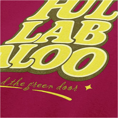 Hullabaloo T-shirt close up in cardinal red from Once Upon a Time in Hollywood