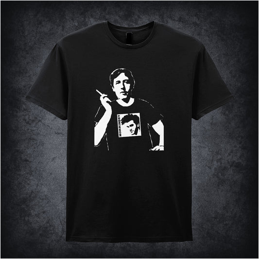 black soft style unisex T-shirt featuring the phrase "Wearing Morrissey" inspired by Oscar Wilde, designed with bold, minimalist typography.