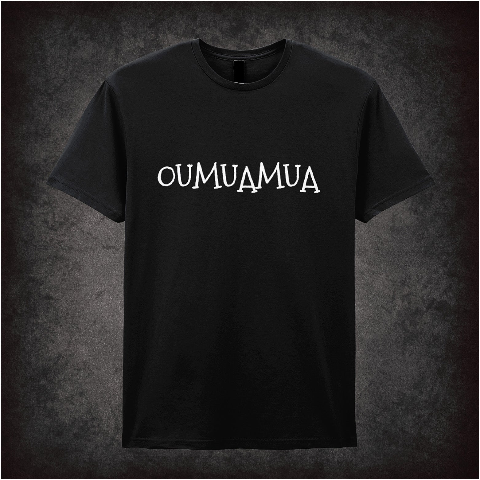 Black unisex T-shirt featuring a stylized design of ‘Mysterious Interstella Object – ‘Oumuamua’ with cosmic graphics and bold space-themed text.