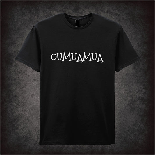 Black unisex T-shirt featuring a stylized design of ‘Mysterious Interstella Object – ‘Oumuamua’ with cosmic graphics and bold space-themed text.