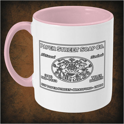 Paper Street Soap Company two-toned mug inspired by Fight Club, left hand side featuring iconic movie logo, minimalist black and white design, and collectible pop culture merchandise for fans.