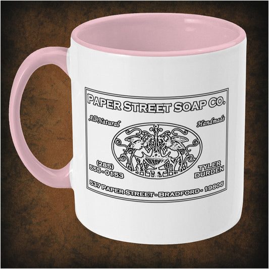 Paper Street Soap Company two-toned mug inspired by Fight Club, left hand side featuring iconic movie logo, minimalist black and white design, and collectible pop culture merchandise for fans.