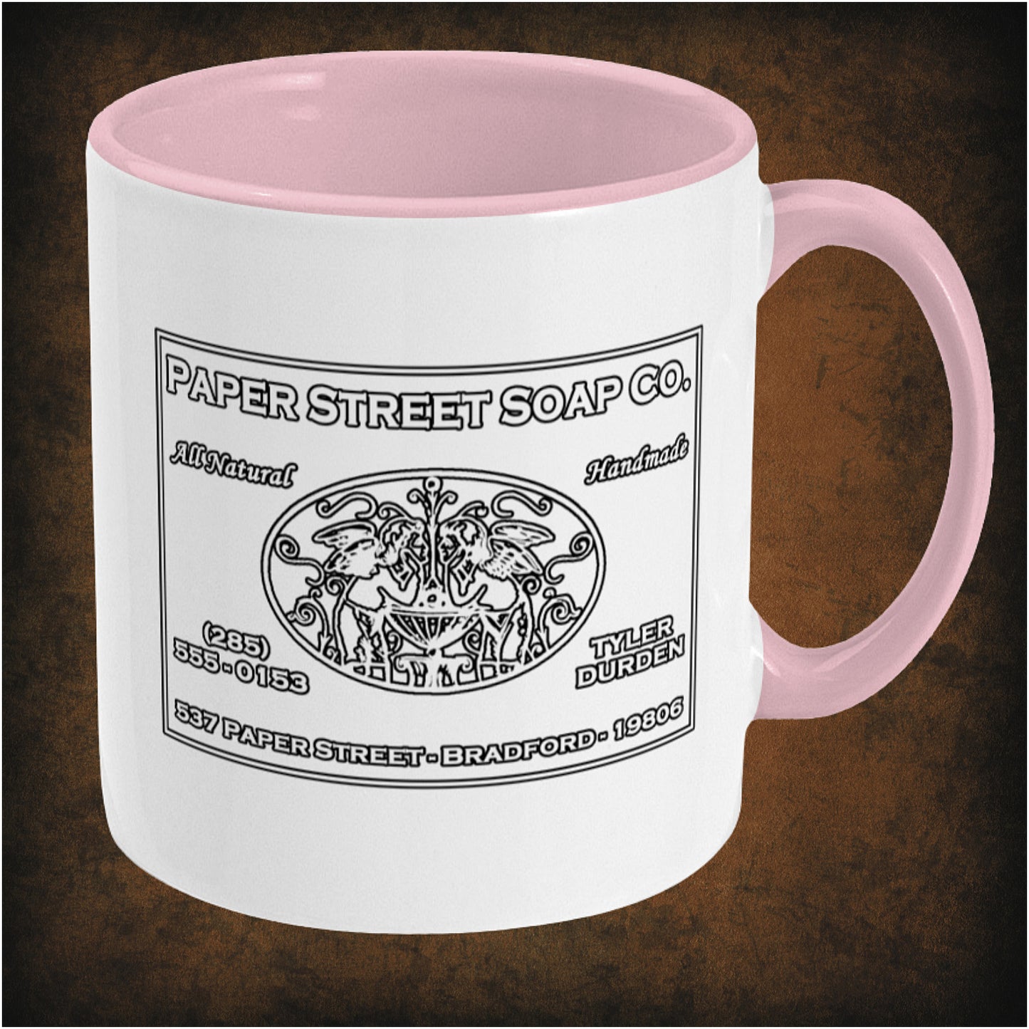 Paper Street Soap Company two-toned mug inspired by Fight Club, right hand side featuring iconic movie logo, minimalist black and white design, and collectible pop culture merchandise for fans.