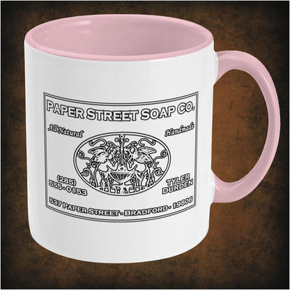 Paper Street Soap Company two-toned mug inspired by Fight Club, right hand side featuring iconic movie logo, minimalist black and white design, and collectible pop culture merchandise for fans.