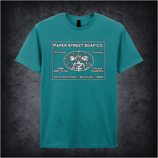 antique sapphire unisex t-shirt featuring the logo of Paper Street Soap Company from Fight Club, with stylized text and vintage design elements.