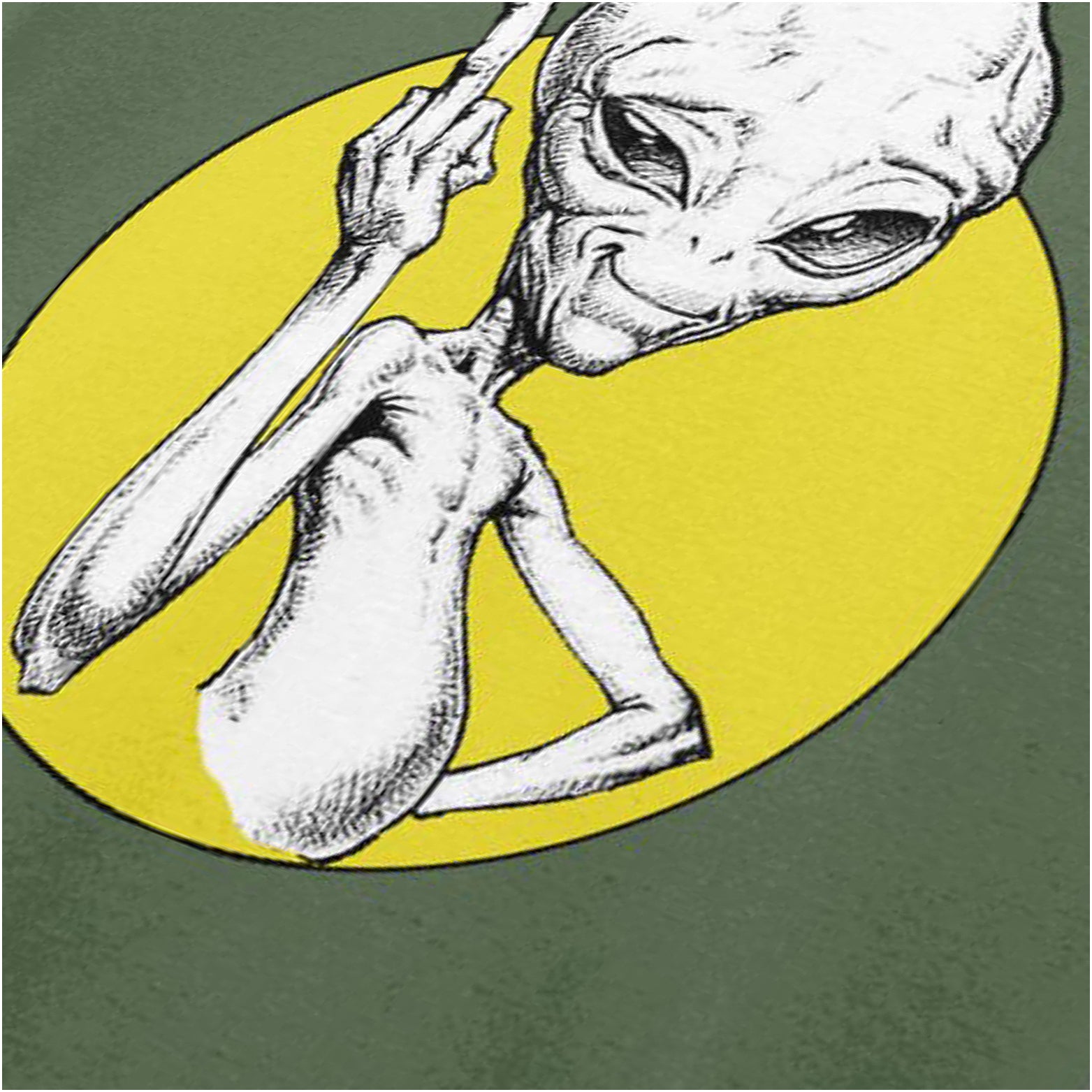Military green Paul the Alien graphic T-shirt close up inspired by Paul