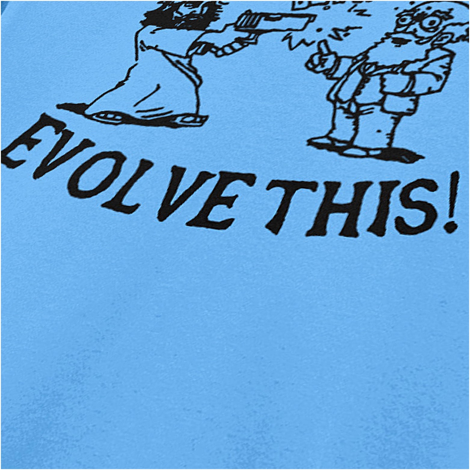 Jesus shooting Charles Darwin ‘evolve this’ cartoon close up T-shirt in carolina blue from Paul